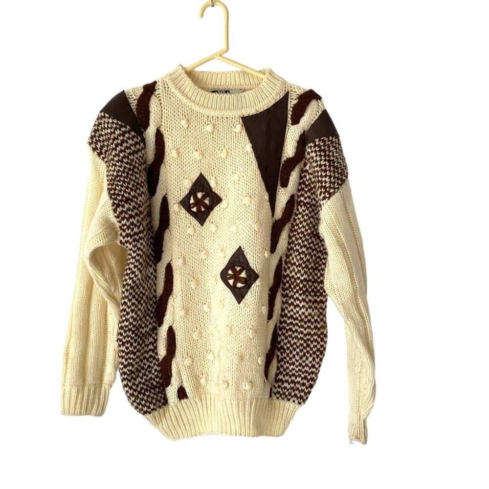 Mark Elliott 80s Vintage Leather Cream Brown Patch Sweater size XL Funky Mod